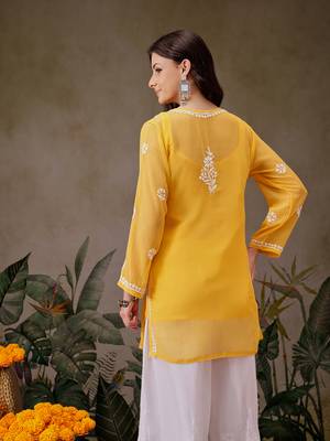 Hand Embroidered Yellow Georgette Lucknowi Chikankari Indian Women Straight Short Kurti With Slip 2