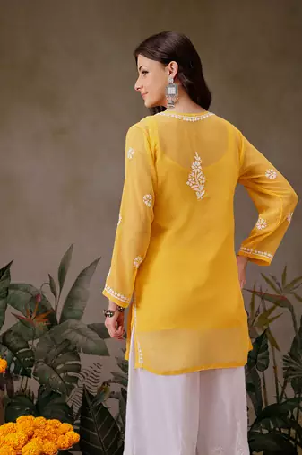 Hand Embroidered Yellow Georgette Lucknowi Chikankari Indian Women Straight Short Kurti With Slip