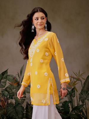 Hand Embroidered Yellow Georgette Lucknowi Chikankari Indian Women Straight Short Kurti With Slip 3