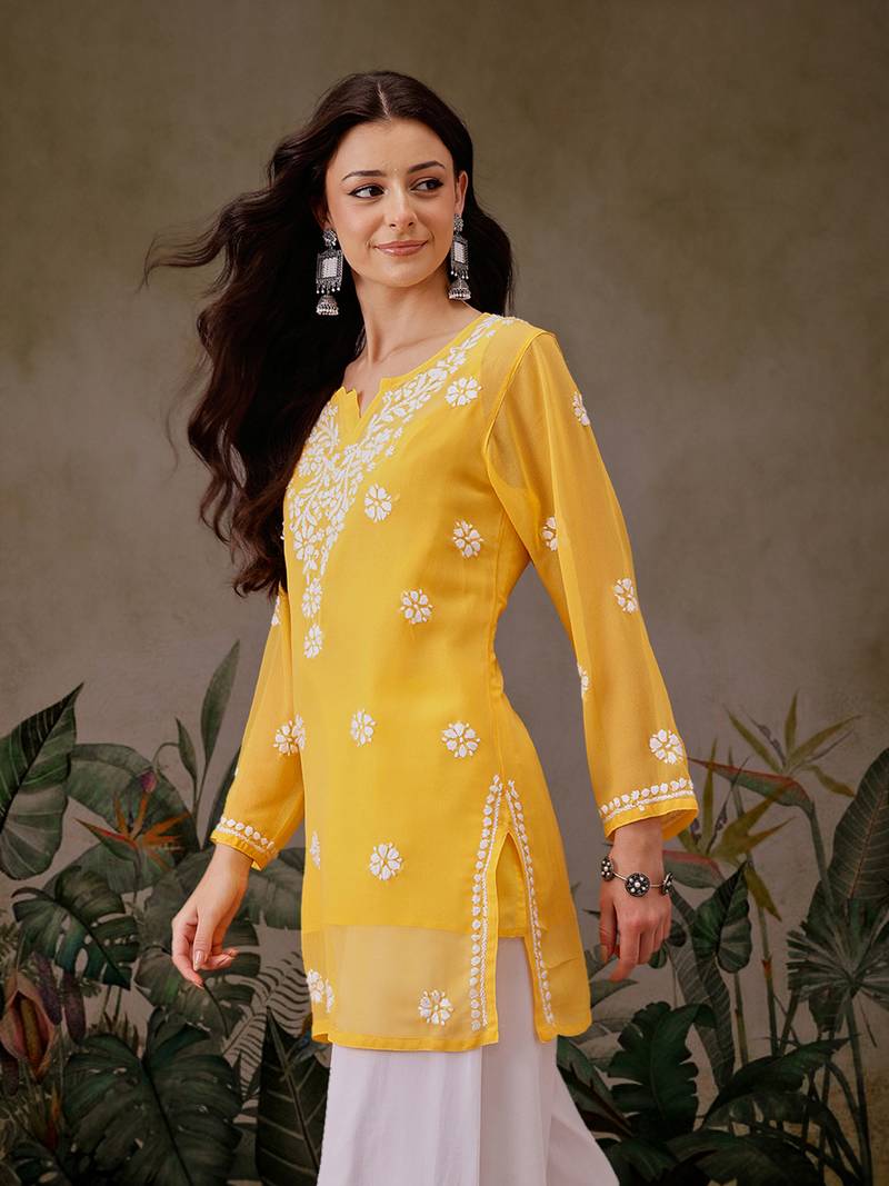 Hand Embroidered Yellow Georgette Lucknowi Chikankari Indian Women Straight Short Kurti With Slip