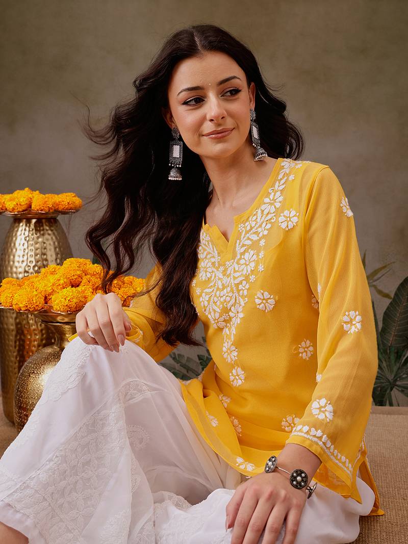 Hand Embroidered Yellow Georgette Lucknowi Chikankari Indian Women Straight Short Kurti With Slip