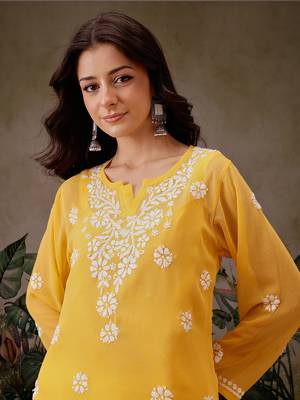 Hand Embroidered Yellow Georgette Lucknowi Chikankari Indian Women Straight Short Kurti With Slip 5