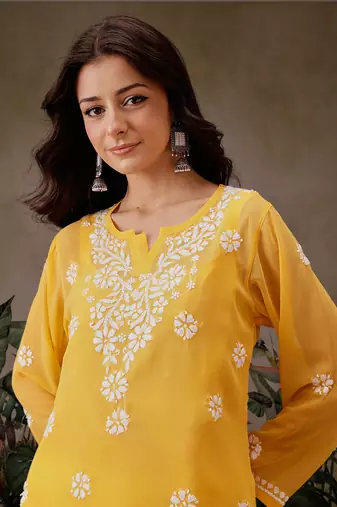 Hand Embroidered Yellow Georgette Lucknowi Chikankari Indian Women Straight Short Kurti With Slip