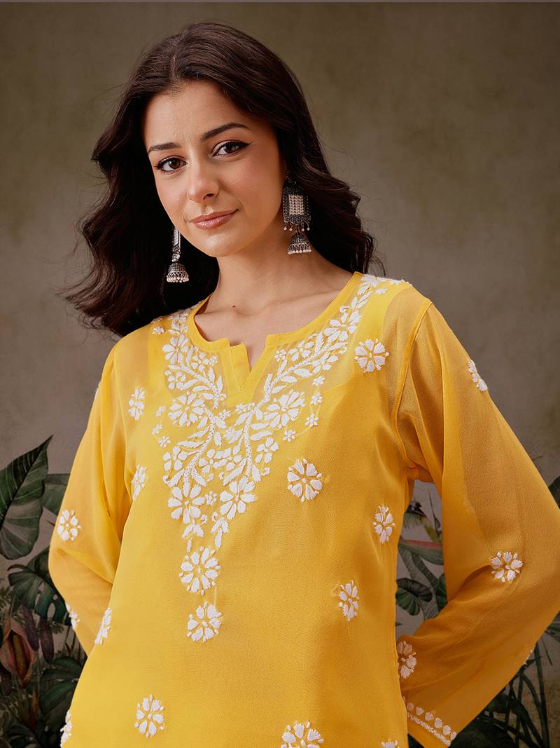 Hand Embroidered Yellow Georgette Lucknowi Chikankari Indian Women Straight Short Kurti With Slip