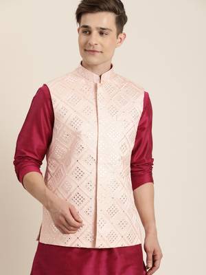 Pink embroidered pure silk blend kurta-pajama 1
