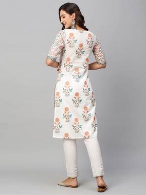 Women White Cotton Ethnic Motifs Straight Kurta 2