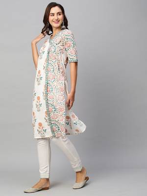 Women White Cotton Ethnic Motifs Straight Kurta 4
