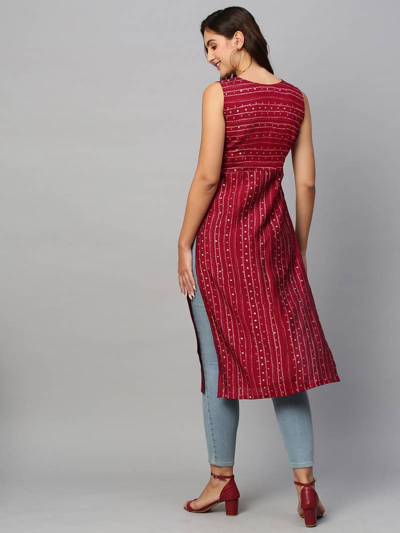 Women Red Modal Chanderi Foil Printed Kurta
