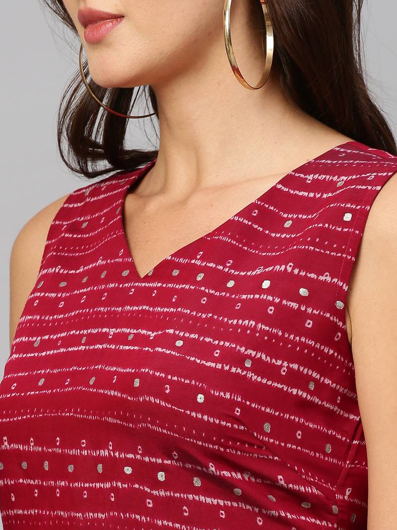 Women Red Modal Chanderi Foil Printed Kurta