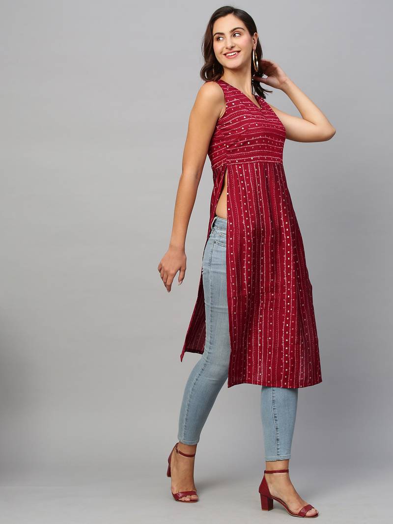 Women Red Modal Chanderi Foil Printed Kurta