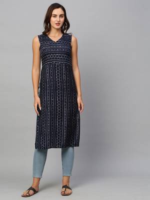 Women Navy Blue Modal Chanderi Foil Printed Kurta 1