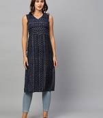Women Navy Blue Modal Chanderi Foil Printed Kurta