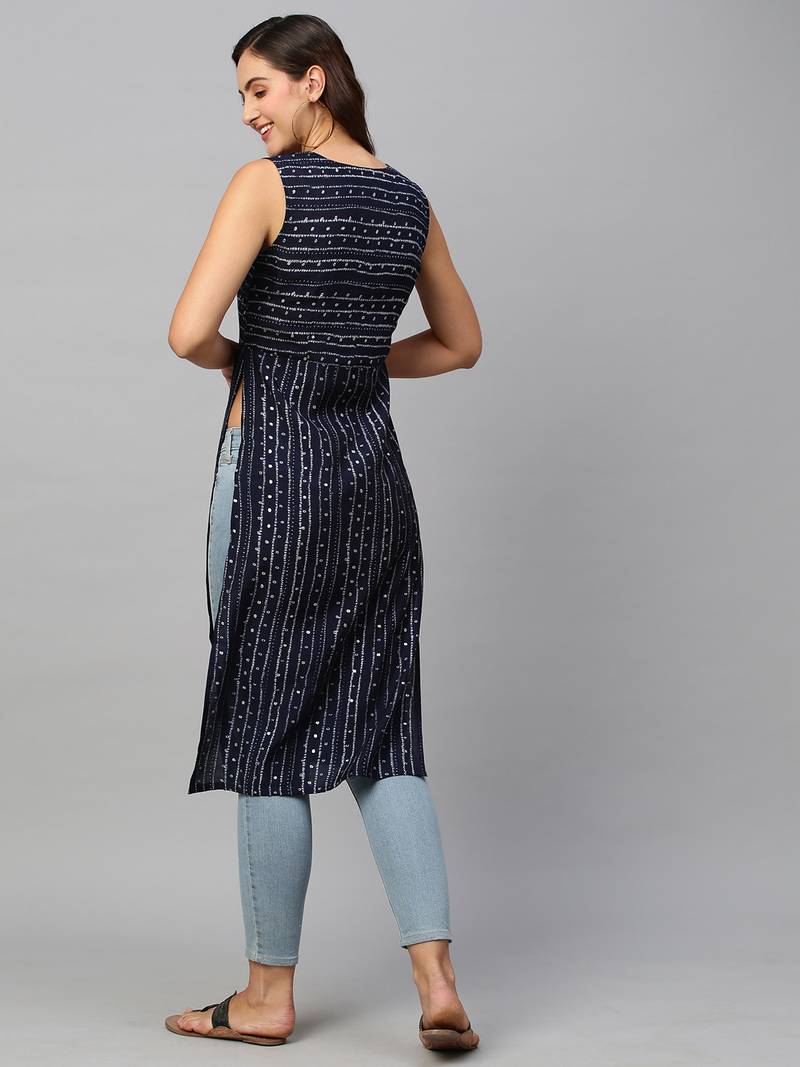 Women Navy Blue Modal Chanderi Foil Printed Kurta