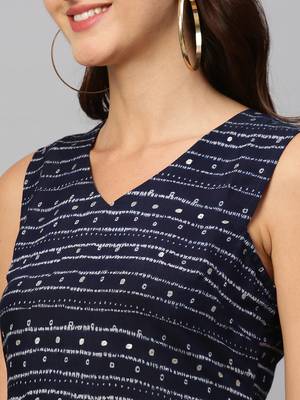 Women Navy Blue Modal Chanderi Foil Printed Kurta 3