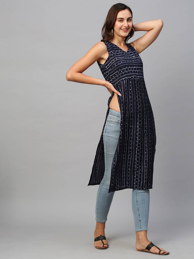 Women Navy Blue Modal Chanderi Foil Printed Kurta