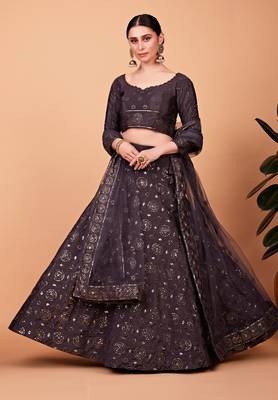 Grey embroidered silk semi stitched lehenga 1
