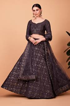 Grey embroidered silk semi stitched lehenga