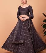 Grey embroidered silk semi stitched lehenga