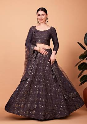 Grey embroidered silk semi stitched lehenga 2