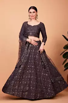 Grey embroidered silk semi stitched lehenga