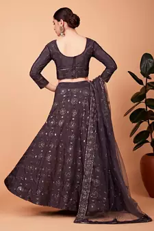 Grey embroidered silk semi stitched lehenga