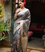 Unique Jamdani Weaving Designer Grey Colour Tussar Silk Saree For Traditional Rich Looks