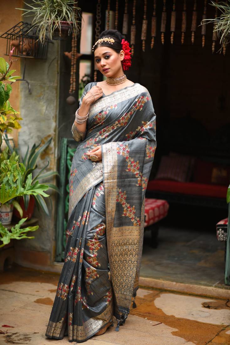 Unique Jamdani Weaving Designer Grey Colour Tussar Silk Saree For Traditional Rich Looks