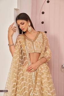 Beige sequins net semi stitched lehenga