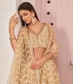 Beige sequins net semi stitched lehenga