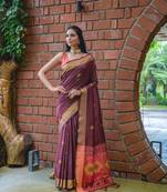 Heavy Traditional Katha Wevon Ikkat Pallu Designer Wine Colour Raw Silk Saree