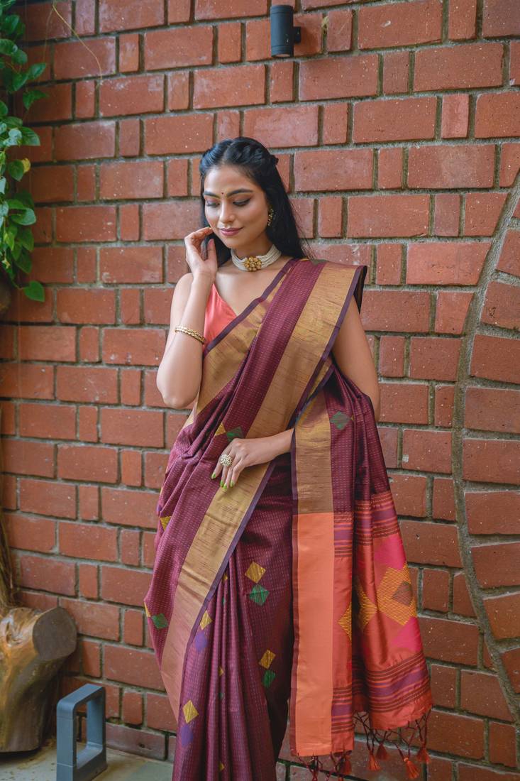 Heavy Traditional Katha Wevon Ikkat Pallu Designer Wine Colour Raw Silk Saree