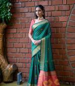 Heavy Traditional Katha Wevon Ikkat Pallu Designer Rama Colour Raw Silk Saree
