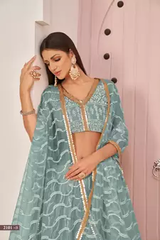 Blue sequins net semi stitched lehenga