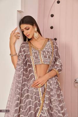 Pink sequins net semi stitched lehenga 3