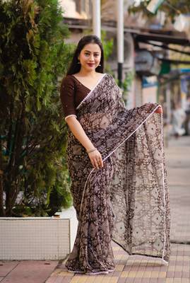 Coffee printed silk saree with blouse 1