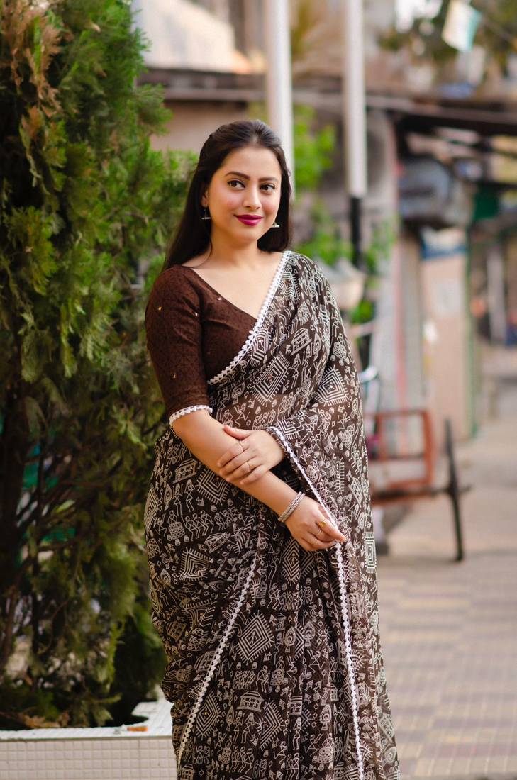 Coffee printed silk saree with blouse
