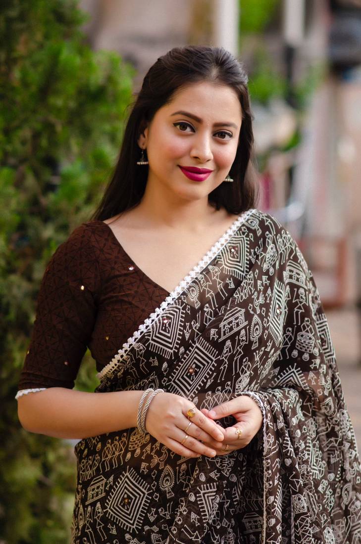 Coffee printed silk saree with blouse