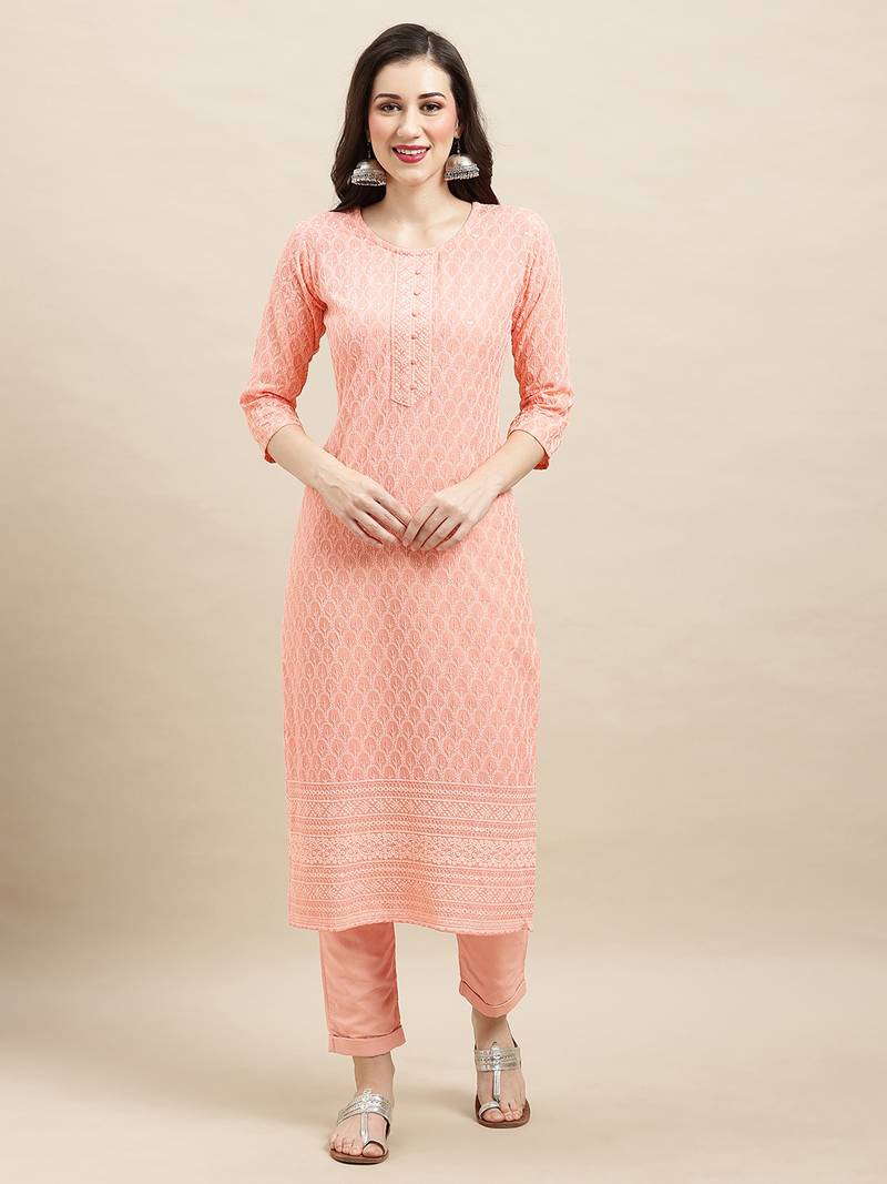 Designer Sequins Work Fancy Peach Colour Kurti In Rayon Fabric For Trendy Looks