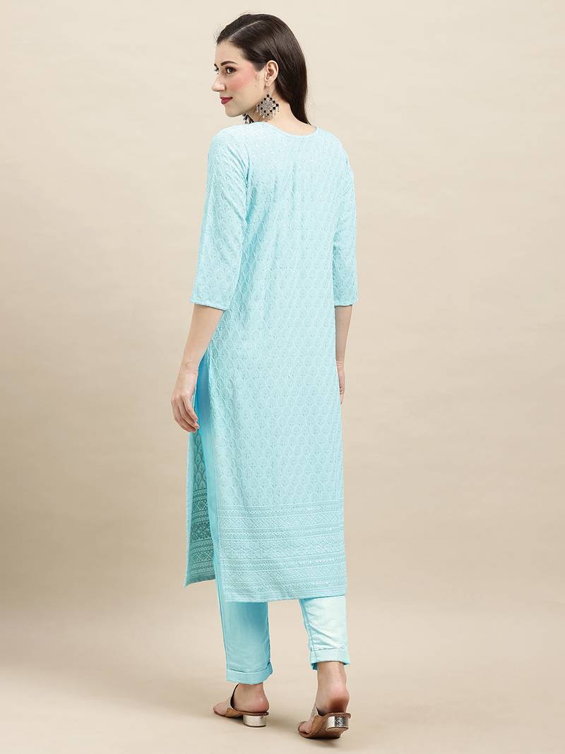 Designer Sequins Work Fancy Sky Blue Colour Kurti In Rayon Fabric For Trendy Looks