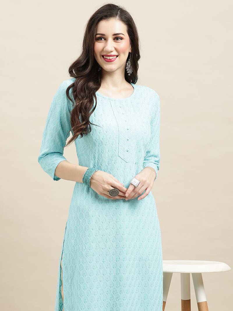 Designer Sequins Work Fancy Sky Blue Colour Kurti In Rayon Fabric For Trendy Looks