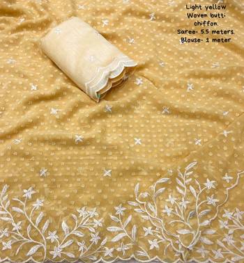 Yellow printed chiffon saree with blouse 4
