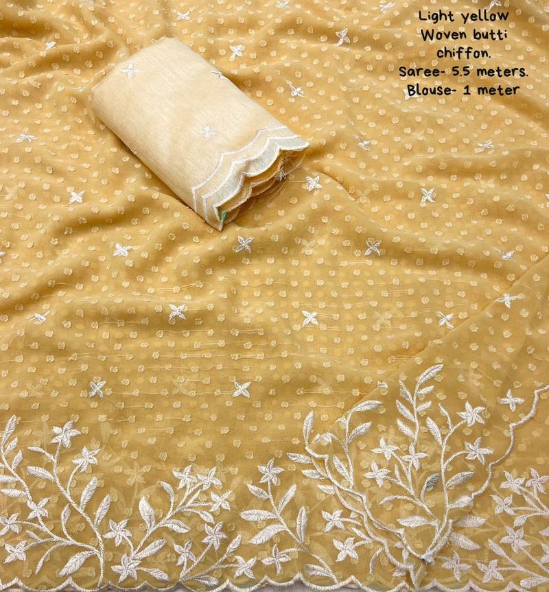 Yellow printed chiffon saree with blouse