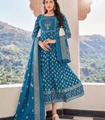 Ethnic Style Firozi Colour Partywear Kurti With Dupatta For Girlish Looks