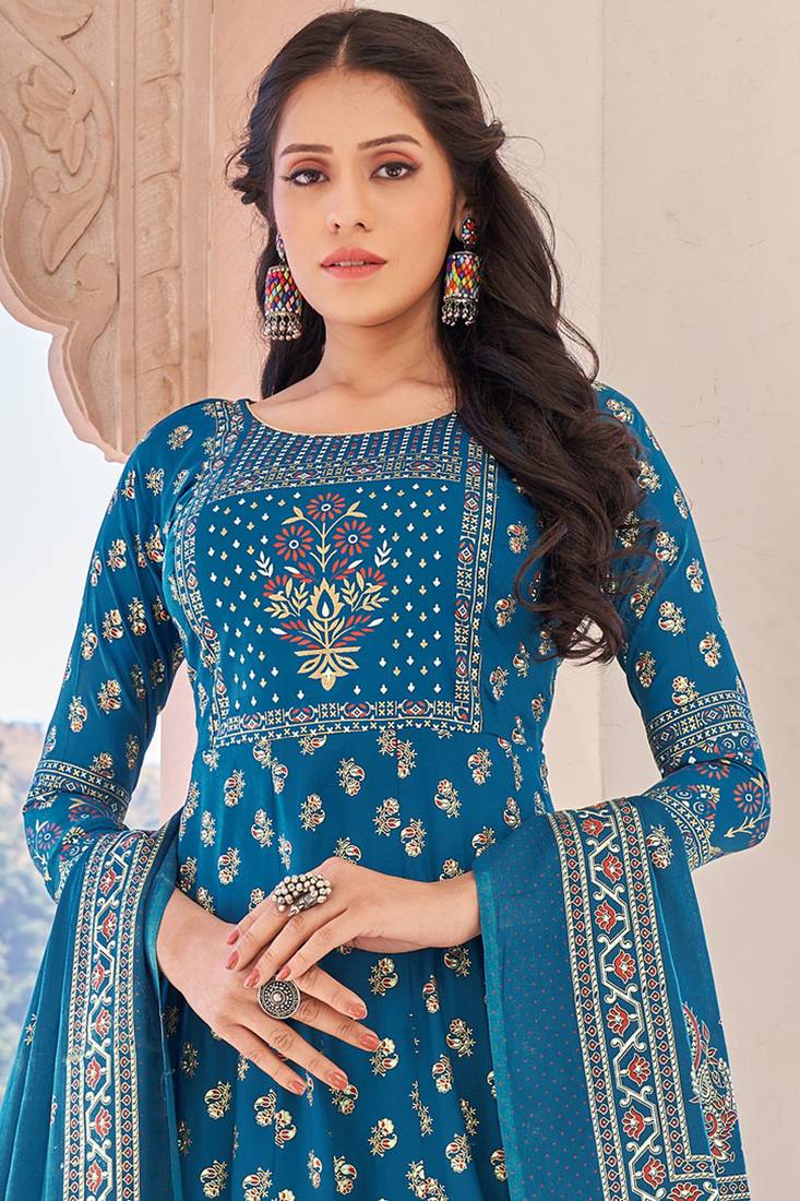 Ethnic Style Firozi Colour Partywear Kurti With Dupatta For Girlish Looks