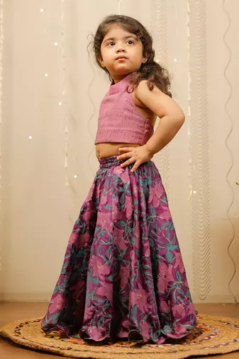 Purple Floral Skirt With Crop Top