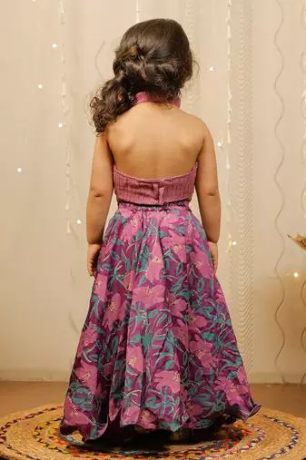 Purple Floral Skirt With Crop Top