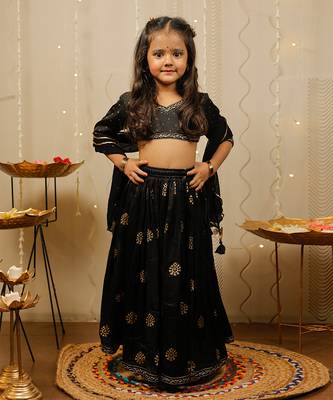 Black and Gold Cotton Printed Kids' Lehenga 1