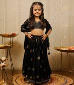 Black and Gold Cotton Printed Kids' Lehenga