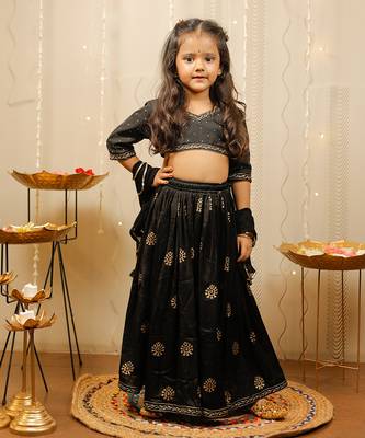 Black and Gold Cotton Printed Kids' Lehenga 2