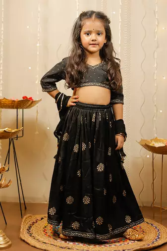 Black and Gold Cotton Printed Kids' Lehenga